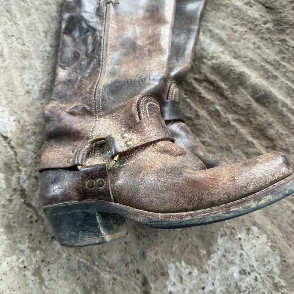 VTG Frye Harness Boots Womens Size 7 Brown Leather Biker Square Toe Pull On Moto